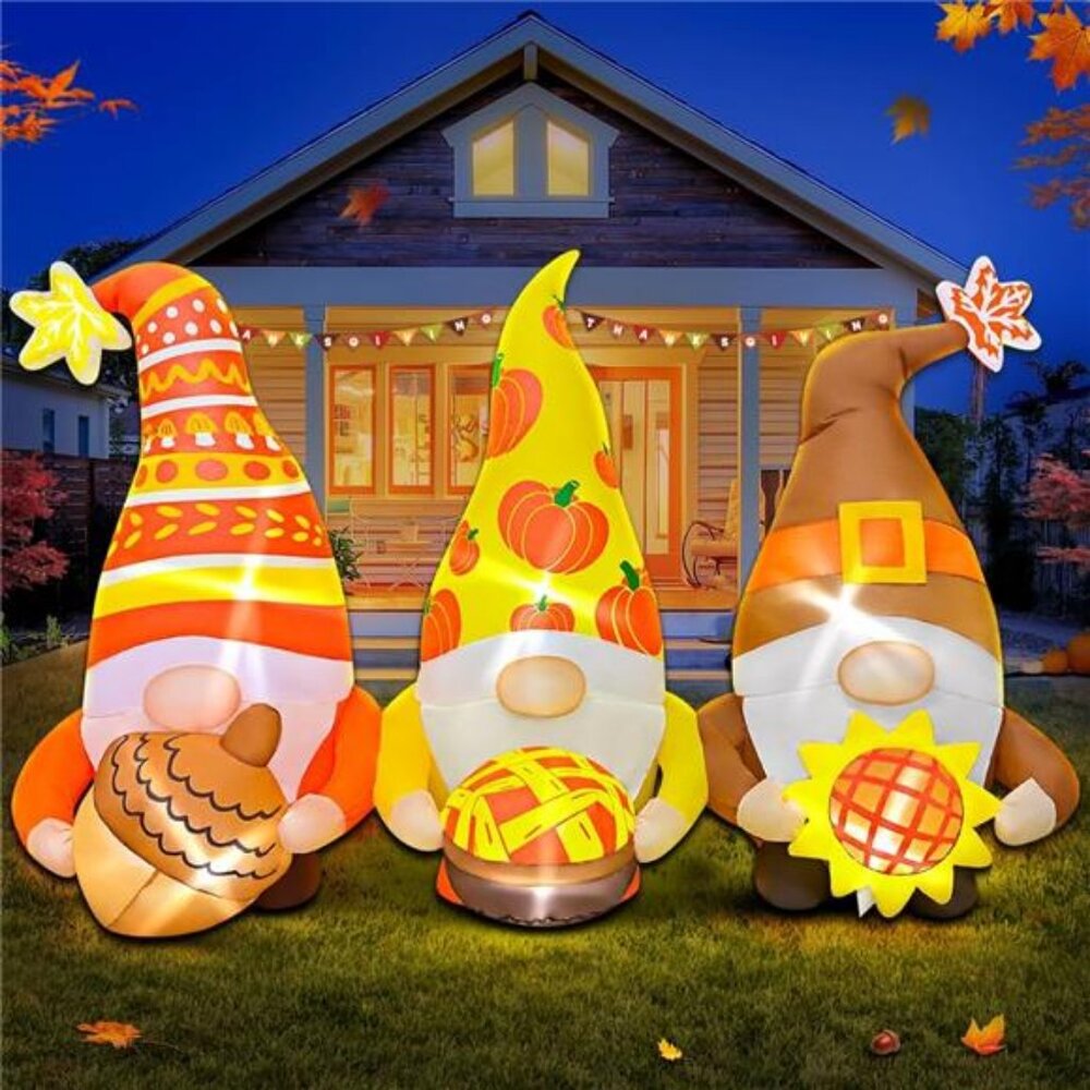 6FT Thanksgiving Inflatables Decorations Three Gnomes Blow Up with LED Lights